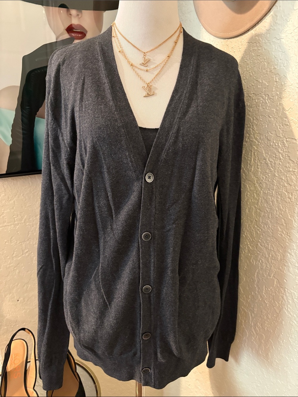 Charcoal V-Neck Button Cardigan Sweater